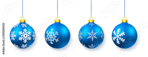 Blue shiny glowing and transparent Christmas balls. Xmas glass ball. Holiday decoration template. Vector illustration