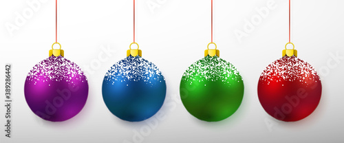 Colorful Christmas balls. Xmas glass ball on white background. Holiday decoration template. Vector illustration