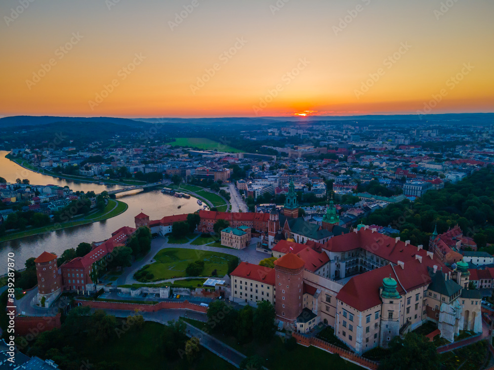 Aerial view of Wawel castle in Krakow, Poland during a sunset