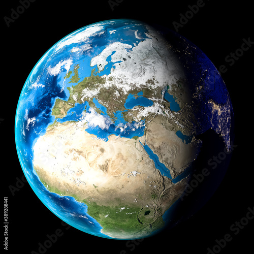 Planet Earth, Europe and Africa. Black background. 3d Render
