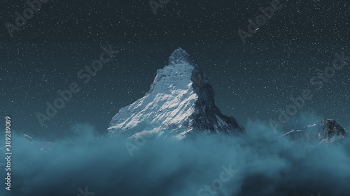 over clouds to the majestic Matterhorn mountain at night with shooting star