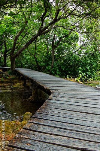 Fotografia view on an old wood footbridge crossing a river in the forest