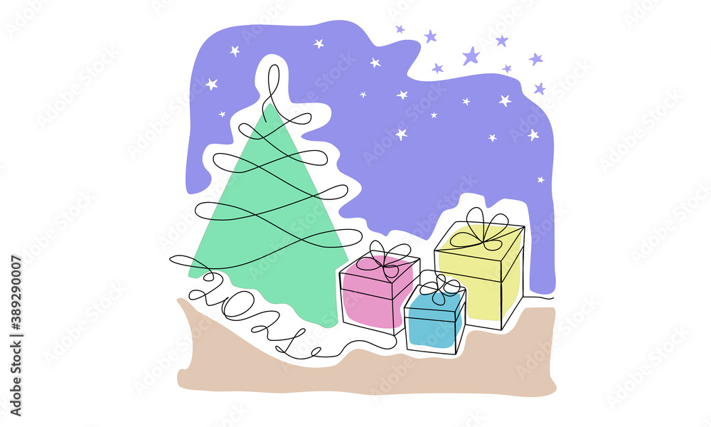 Continuous line drawing New Years simple design with Christmas tree and Gifts.
Happy New Year minimal design with coloure. 