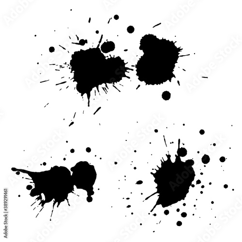 Set of black spots, splashes, ink drops, sloppy splatter drops, grunge textures for backgrounds and designs.