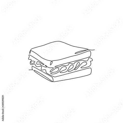 One continuous line drawing of fresh delicious American sandwich restaurant logo badge. Fast food cafe shop logotype template concept. Modern single line draw design vector graphic illustration