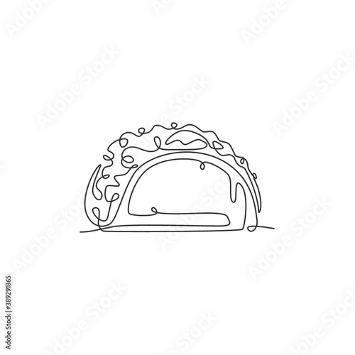 One continuous line drawing of fresh delicious Mexican tacos restaurant logo emblem. Fast food cafe shop logotype template concept. Modern single line draw design vector graphic illustration