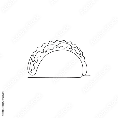 One single line drawing of fresh Mexican taco logo graphic vector illustration. Fast food Mexico cafe menu and restaurant badge concept. Modern continuous line draw design street food logotype