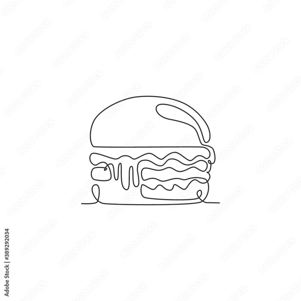 One continuous line drawing of fresh delicious American burger