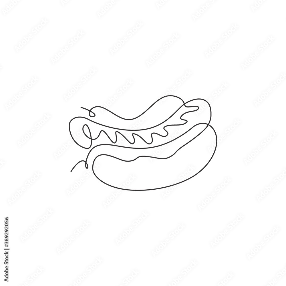 Single continuous line drawing of American hot dog logo label. Emblem fast food hotdog restaurant concept. Modern one line draw design vector illustration for cafe, shop or food delivery service Single continuous line drawing of American hot dog logo label. Emblem fast food hotdog restaurant concept. Modern one line draw design vector illustration for cafe, shop or food delivery service