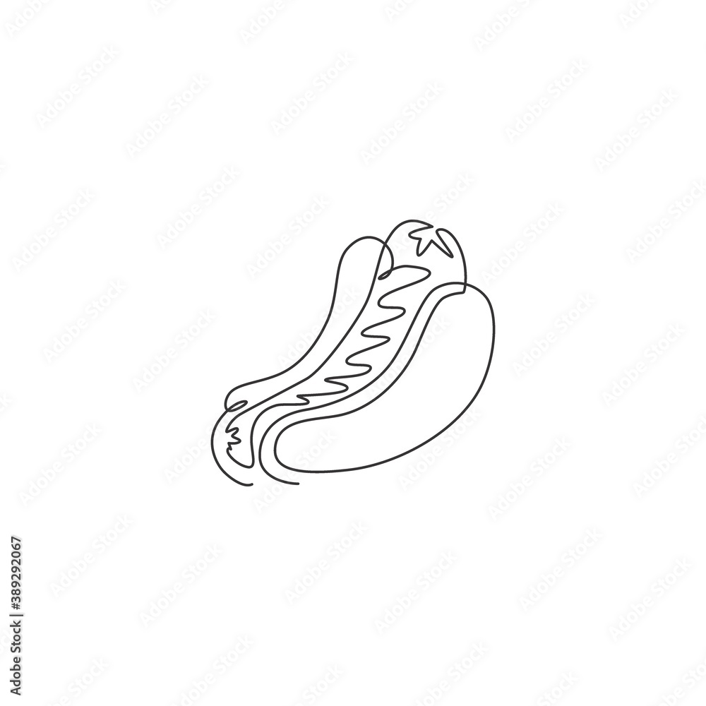 One continuous line drawing of fresh delicious American hot dog restaurant logo emblem. Fast food hotdog cafe shop logotype template concept. Modern single line draw vector design graphic illustration One continuous line drawing of fresh delicious American hot dog restaurant logo emblem. Fast food hotdog cafe shop logotype template concept. Modern single line draw vector design graphic illustration