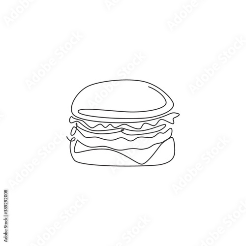 One single line drawing of fresh logo American burger vector illustration. Fast food beefburger cafe menu and restaurant badge concept. Modern continuous line draw design street food logotype