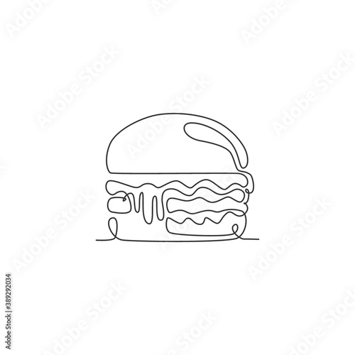 One continuous line drawing of fresh delicious American burger restaurant logo emblem. Fast food beef burger cafe shop logotype template concept. Modern single line draw design vector illustration