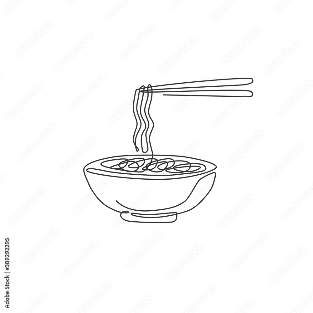 Single continuous line drawing of stylized spicy noodles store logo label. Emblem ramen fast food restaurant concept. Modern one line draw design vector illustration for shop or food delivery service Single continuous line drawing of stylized spicy noodles store logo label. Emblem ramen fast food restaurant concept. Modern one line draw design vector illustration for shop or food delivery service