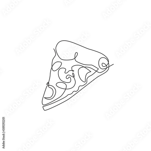 One continuous line drawing of fresh delicious Italian pizzeria restaurant logo badge. Italy fast food pizza cafe shop logotype template concept. Modern single line draw design vector illustration