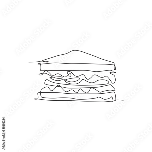 Single continuous line drawing of stylized sandwich logo label. Emblem fast food hot dog restaurant concept. Modern one line draw design vector illustration for cafe, shop or food delivery service