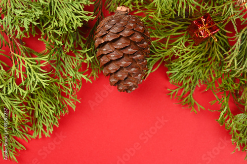 christmas decoration on a red background, top view