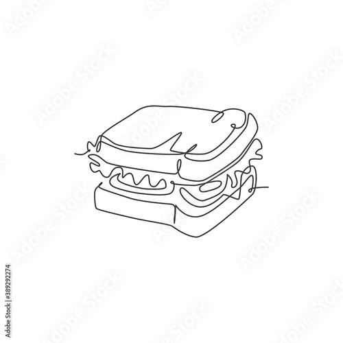 One single line drawing of fresh sandwich logo vector graphic art illustration. Hot dog fast food cafe menu and restaurant badge concept. Modern continuous line draw design street food logotype