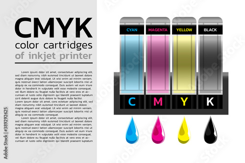 CMYK color cartridges of Inkjet printer system. Sign and Banner printer or plotter use this. Base on water and Solvent pigment. Industry technology vector illustration by layers.