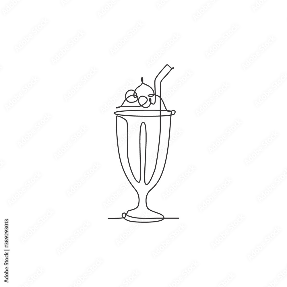 Single continuous line drawing stylized topping milkshake drink shop logo label. Emblem drink store concept. Modern one line draw design vector graphic illustration for cafe or food delivery service Single continuous line drawing stylized topping milkshake drink shop logo label. Emblem drink store concept. Modern one line draw design vector graphic illustration for cafe or food delivery service