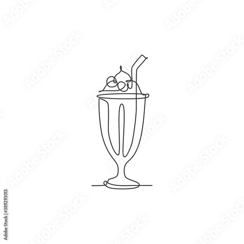 Single continuous line drawing stylized topping milkshake drink shop logo label. Emblem drink store concept. Modern one line draw design vector graphic illustration for cafe or food delivery service