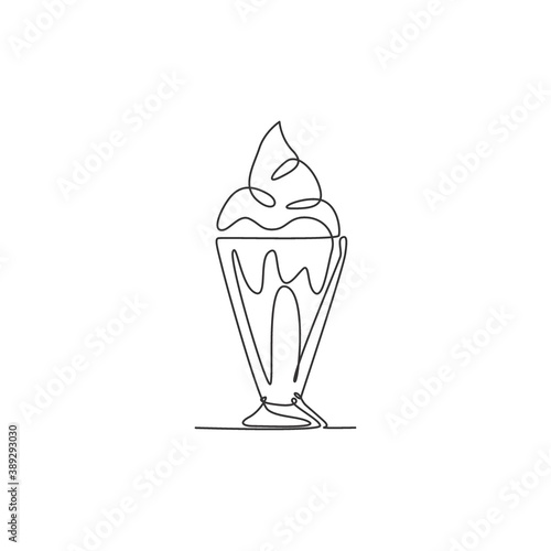 One continuous line drawing of fresh delicious sweet milkshake restaurant logo emblem. Healthy drink cafe shop logotype template graphic concept. Modern single line draw design vector art illustration