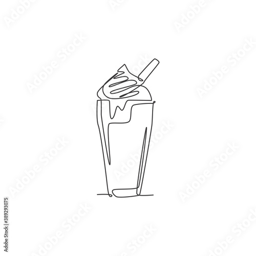 One single line drawing of fresh milkshake with whipped cream and wafer stick logo vector illustration. Cafe drink menu restaurant badge concept. Modern continuous line draw design drinking logotype