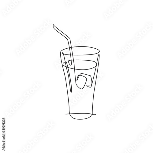 One continuous line drawing of fresh sweet soft drink on glass with ice cube logo emblem. Drinking cafe shop logotype template concept. Modern single line draw design graphic vector illustration