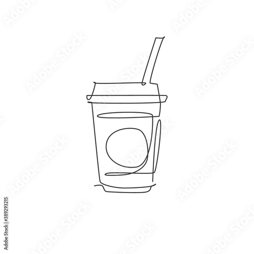One single line drawing of fresh soft drink on plastic glass logo graphic vector illustration. Cafe menu and restaurant badge art concept. Modern continuous line draw design street food logotype