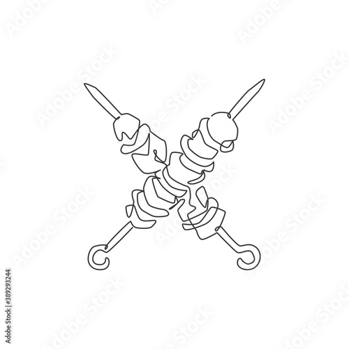 Single continuous line drawing of stylized Turkish kebab shop logo label. Emblem fast food restaurant concept. Modern one line draw design vector illustration for cafe, store or food delivery service