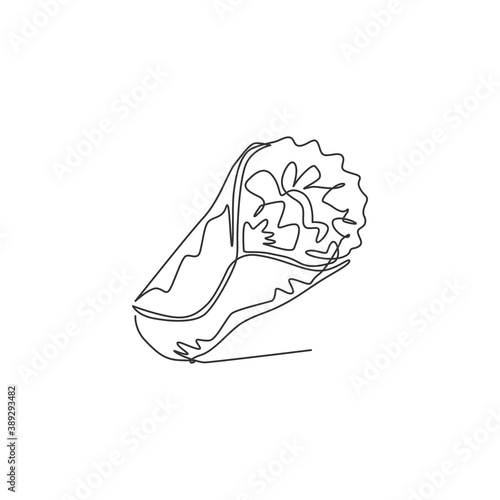 Single continuous line drawing stylized Mexican burritos shop logo label. Emblem fast food restaurant concept. Modern one line draw design vector graphic illustration for cafe or food delivery service