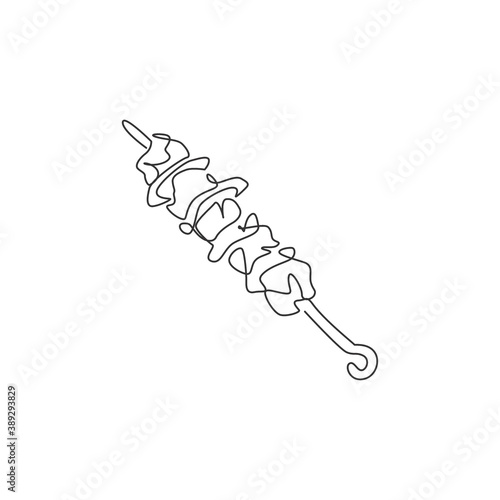 One continuous line drawing of fresh delicious traditional Turkish kebab restaurant logo emblem. Turkey food cafe shop logotype template concept. Modern single line draw design vector illustration