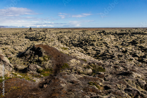 ELDHRAUN LAVA FIELD, ICELAND - SEPTEMBER 19, 2018: moss covered lava fields in South Iceland