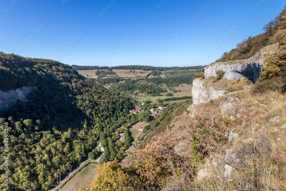 Baume Les Messieurs village, Valley, canyon from Jura Baume Les Messieurs village, Valley, canyon from Jura