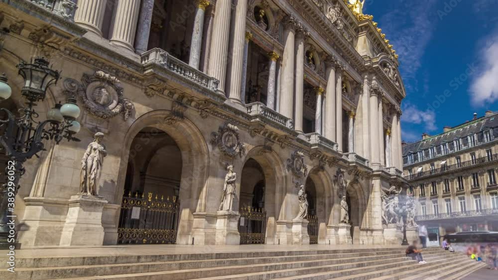 Palais or Opera Garnier The National Academy of Music timelapse hyperlapse in Paris, France. Stairs to the entrance. People walking around and traffic on the street. Palais or Opera Garnier The National Academy of Music timelapse hyperlapse in Paris, France. Stairs to the entrance. People walking around and traffic on the street.