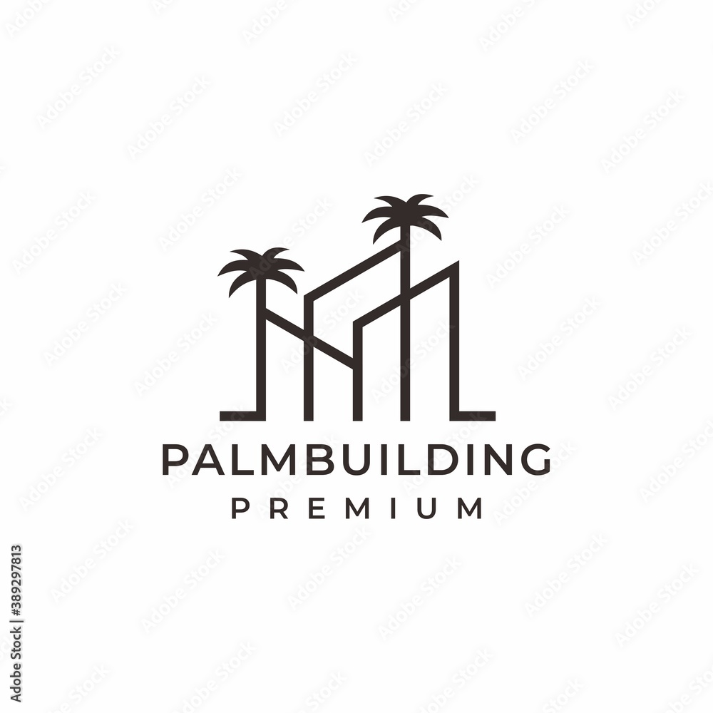 Fototapeta premium Real estate logo, building with palm