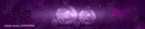 Christmas purple composition with gradient, set of balls with snowflakes and reflection