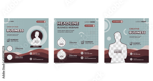 Set of Business webinar social media post template with wave background