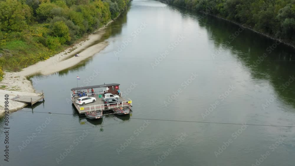 Aerial view of a ferry on the Sava River near Zagreb Aerial view of a ferry on the Sava River near Zagreb