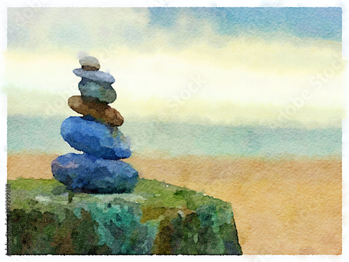 Photography Digital Watercolor painting of stack of stones on a cloudy day, creating tranquil scene at beach with sea in background