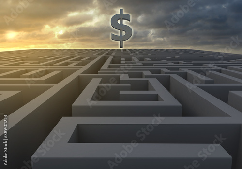 A maze at dusk with U.S. Dollar Sign and a gloomy sky indicating turbulent and uncertain financial times ahead as 3d rendering. photo