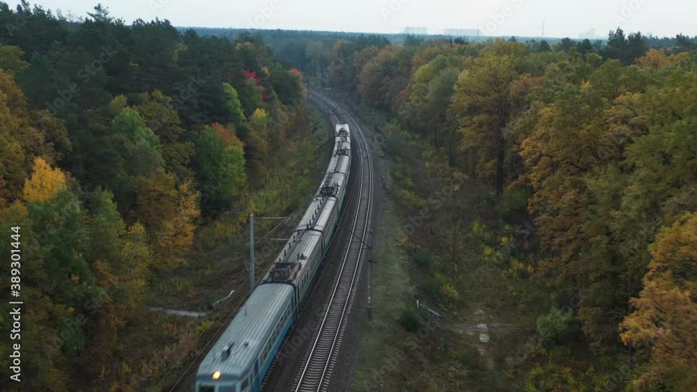Freight train carrying goods by rail through the autumn forest, aerial view. Freight train carrying goods by rail through the autumn forest, aerial view.