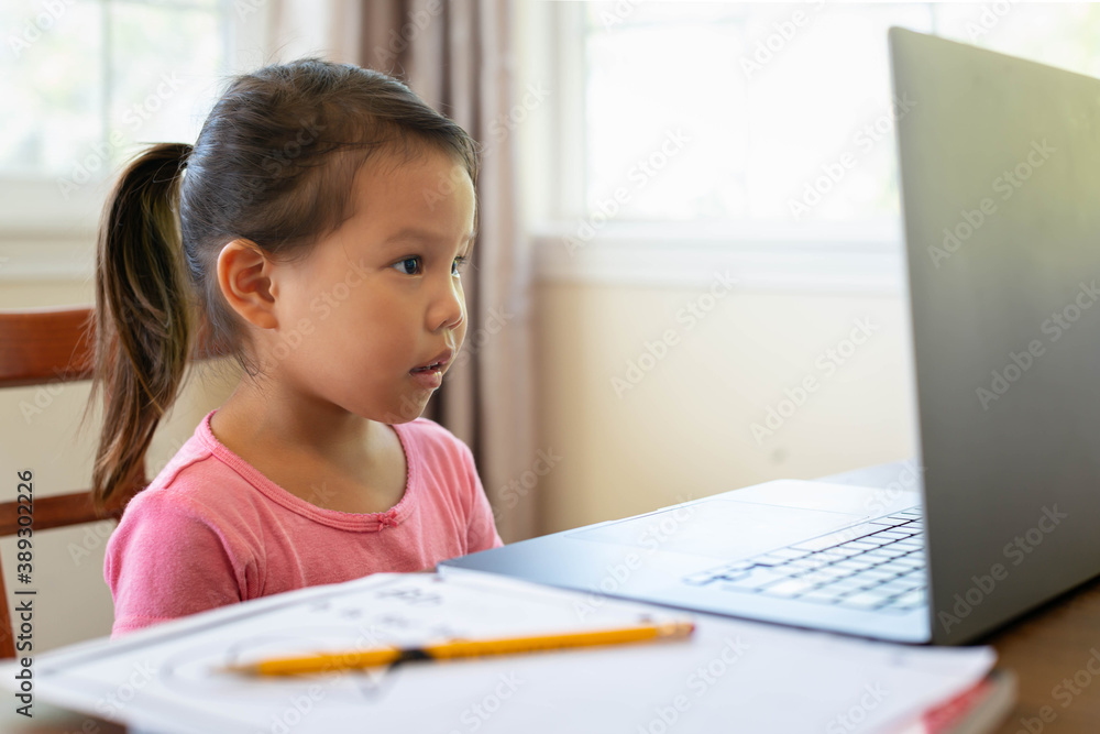 Kindergarten student having online virtual class at home on the computer. Distance learning. Kindergarten student having online virtual class at home on the computer. Distance learning.
