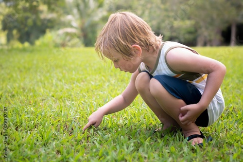 A little boy exploring and playing outdoor in nature.