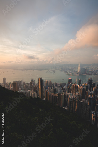 Panoramic View of Hong Kong during sunset with skyscrapers