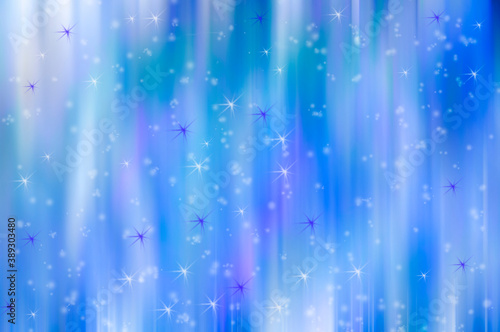 Abstract blue, pink, white blurred background with stars, snowflakes, bokeh