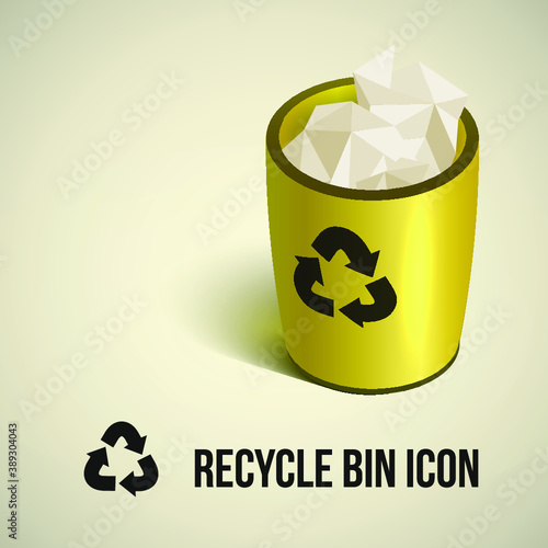 Realistic yellow recycle bin icon, isolated vector illustration. Design for stickers, logo, web and mobile app. 