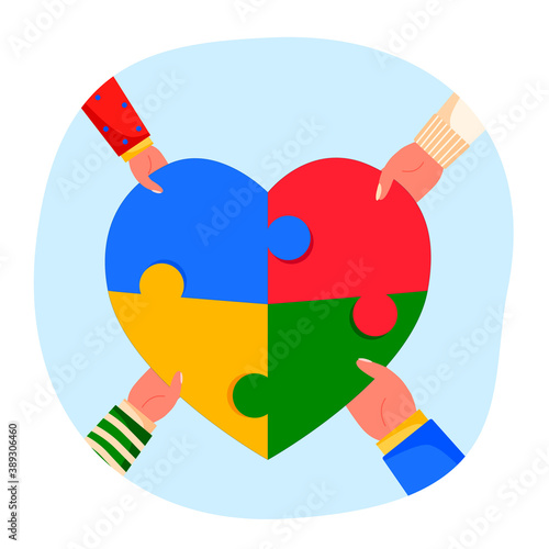 Autism awareness heart with jigsaw puzzle symbol hands family