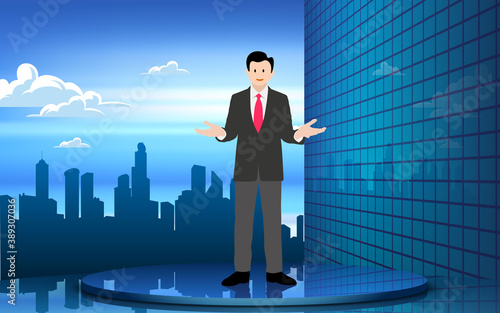 broadcaster on the blue stand with city background in the news studio room