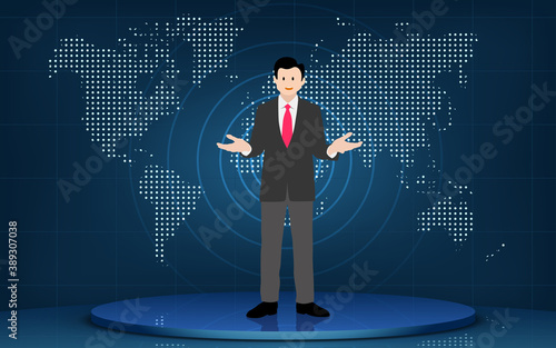 broadcaster on the blue stand with lcd background in the news studio room