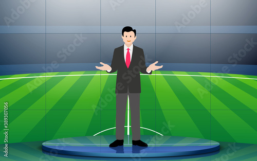 broadcaster on the blue stand with football field background in the news studio room